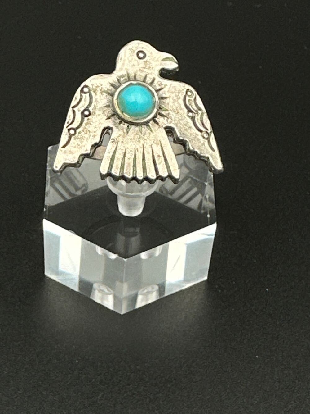 Vintage Navajo Silver Thunderbird Ring, Size 8, Turquoise